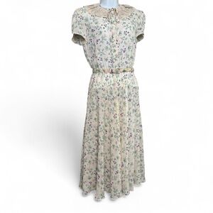 Kay Unger Cream Floral Midi Dress with Purple & Green Accents